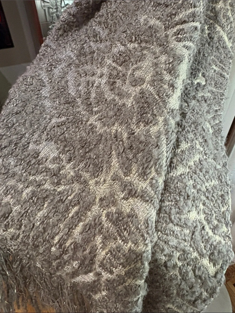 Textured metallic gold gray floral textured pattern Fringe Shawl Wrap